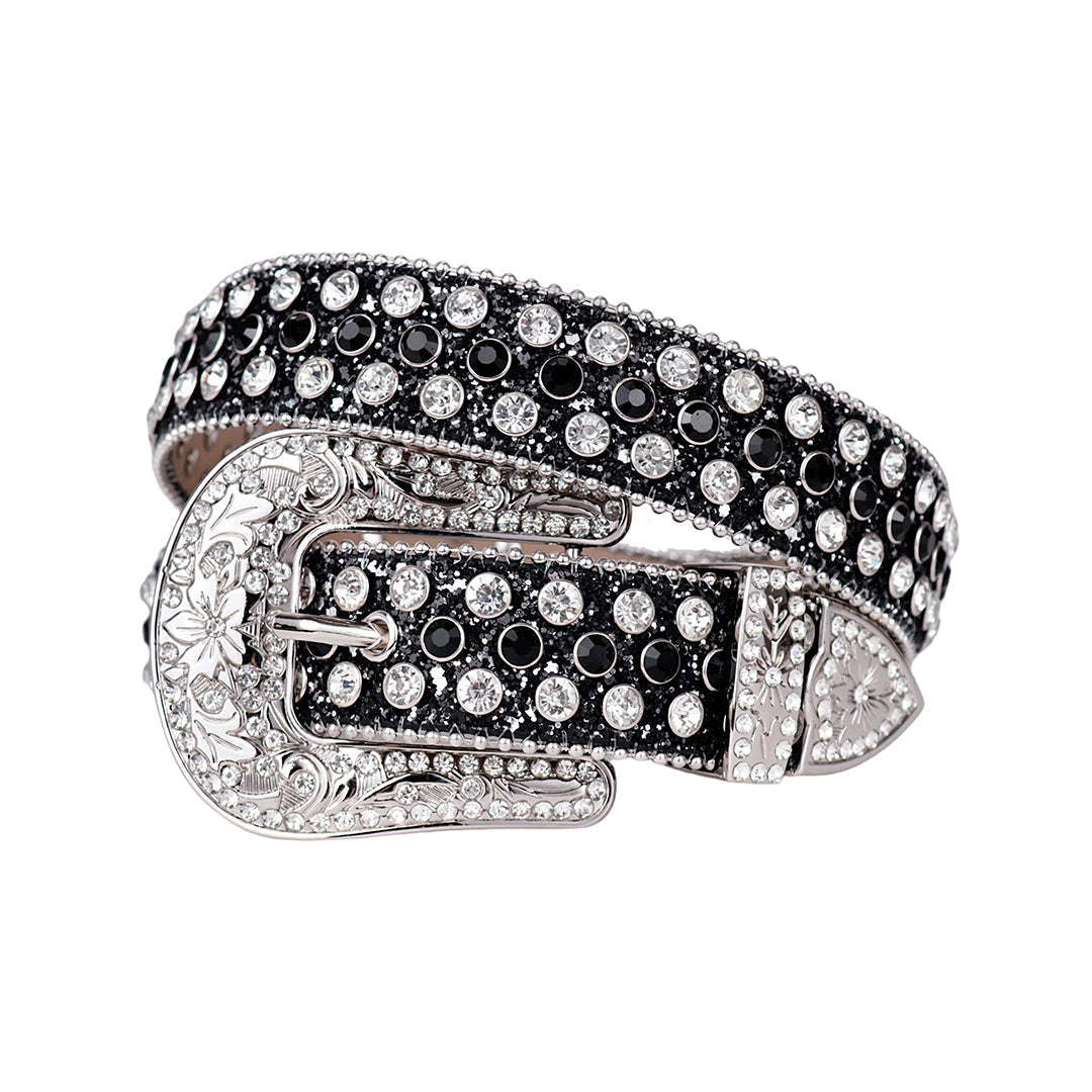Engraved Buckle Shiny Black Strap With Black & Silver Studded Rhinestone Belt