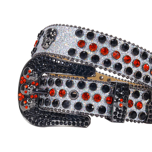 Skull Buckle Grey Strap With Black & Red Studded Rhinestone Belt