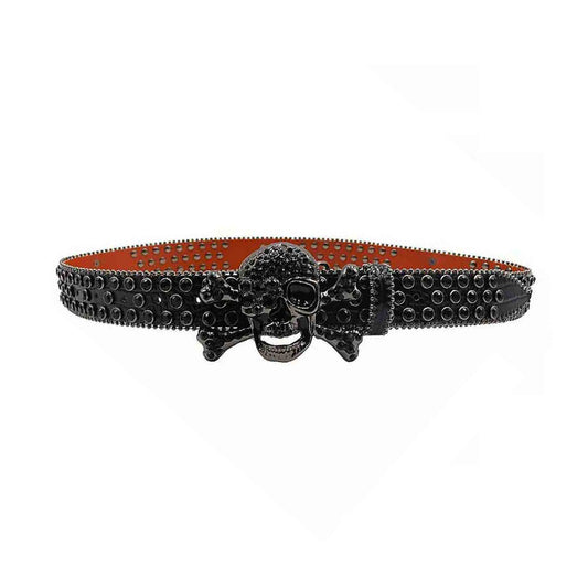 Metal Skull Buckle Black Strap With Black Studded Rhinestone Belt