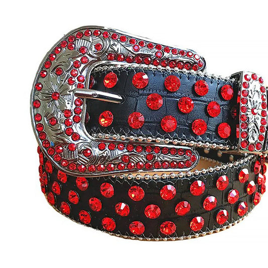 Red Rhinestone Belt With Black Textured Strap Silver Buckle
