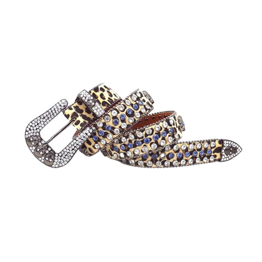Skull Buckle Leopard Strap With Blue & Crystal Studded Rhinestone Belt