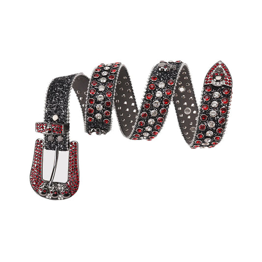 Skull Buckle Black Strap With Red & Crystal Studded Rhinestone Belt