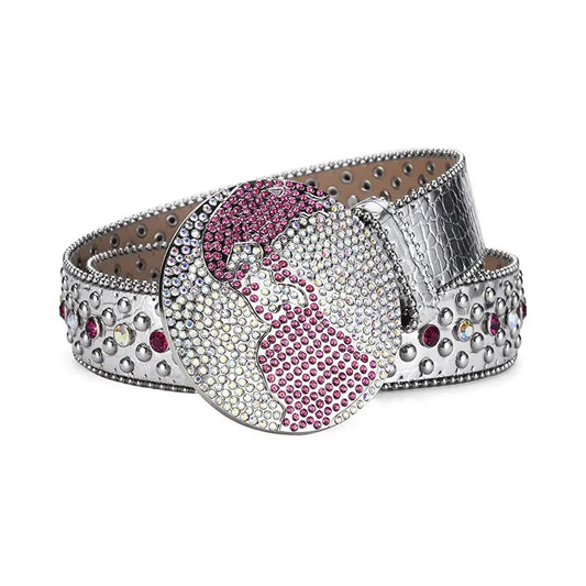 Globe Buckle With Silver & Pink Studded Rhinestone Belt