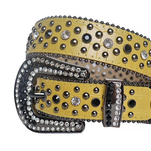Diamond Rhinestone And Black Studs Belt With Yellow strap