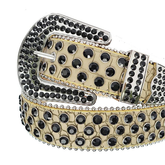Black Rhinestone Belt With Beige Strap