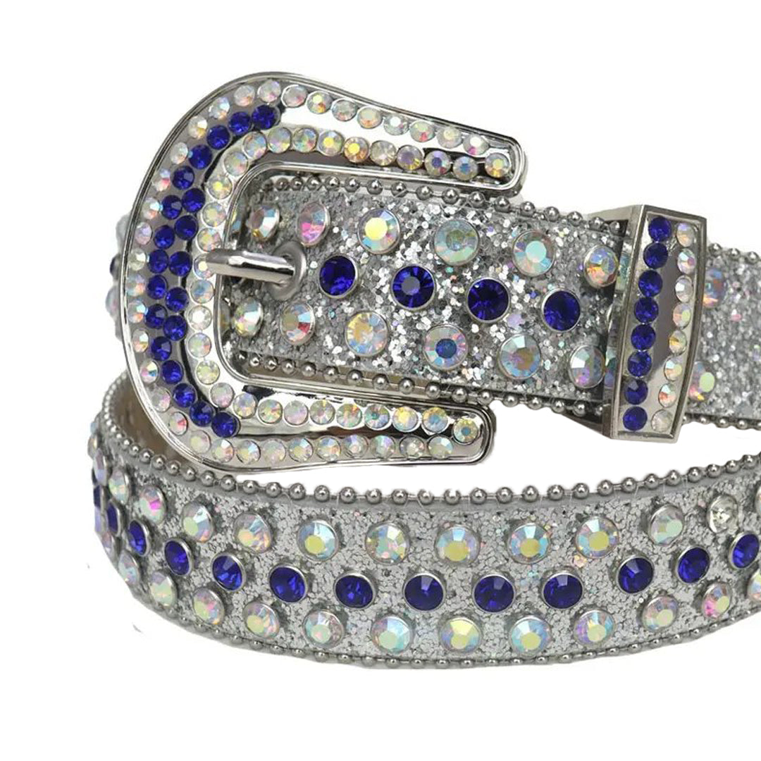 Blue And Chromatic Rhinestone Belt With Silver Glitter Strap