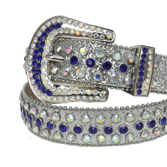Blue And Chromatic Rhinestone Belt With Silver Glitter Strap