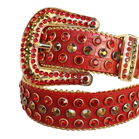 Red And Gold Rhinestone Belt With Red Textured Strap