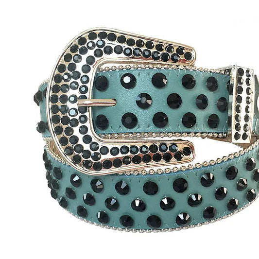 Black Rhinestone Belt With Cyan Strap
