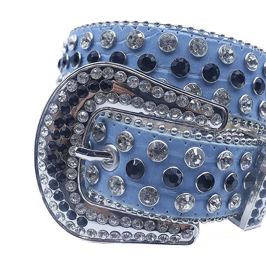 Diamond And Black Rhinestone Belt With Blue Textured Strap