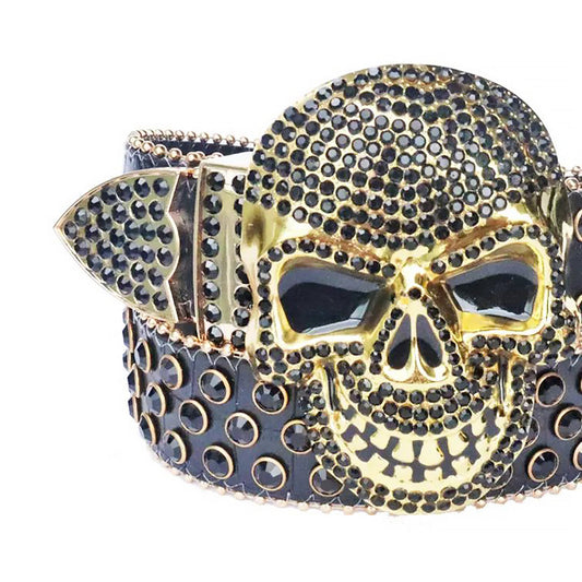 Black Rhinestone Belt With Black Strap and Skull Buckles