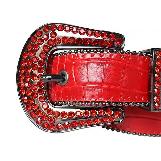 Red Rhinestone Belt With Red Textured Strap Black Buckle