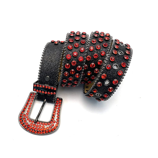 Black Strap With Red Studded Rhinestone Belt