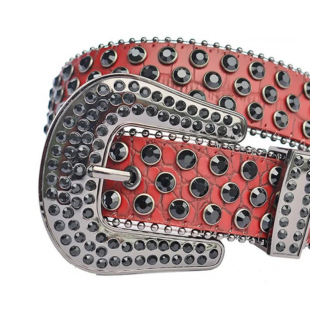 Black Rhinestone Belt With Red Snake Texture Strap