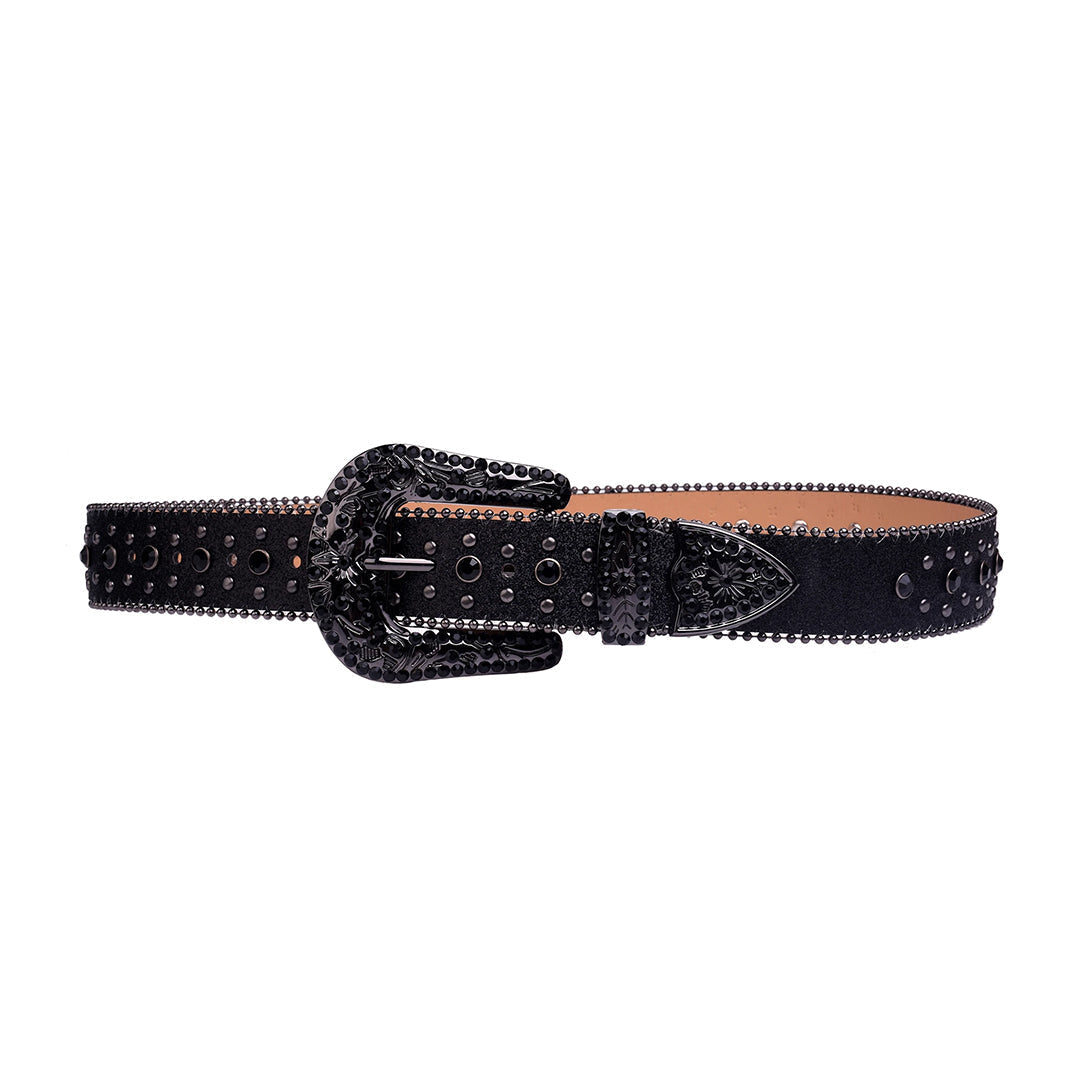 Engraved Buckle Cross Black Strap With Black Studded Rhinestone Belt