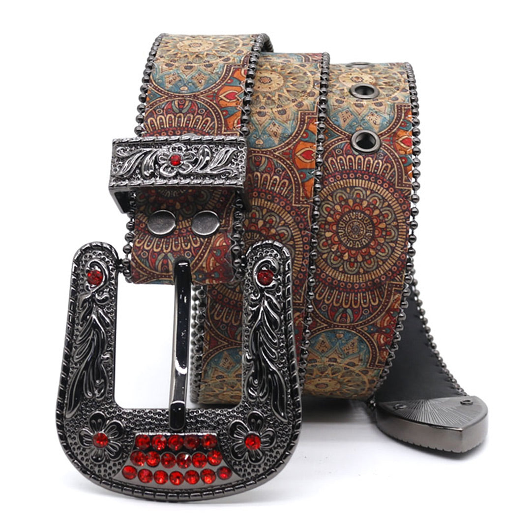Engraved Buckle Zombie Art Red Studded Rhinestone Belt