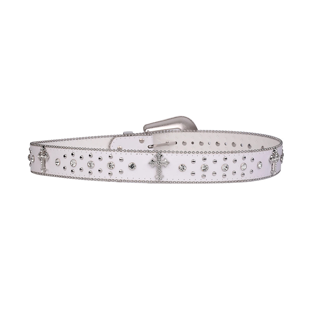 Engraved Buckle Cross White Strap With Crystal Studded Rhinestone Belt