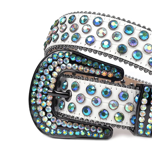 Blue Multi Color Rhinestone Belt With White Strap