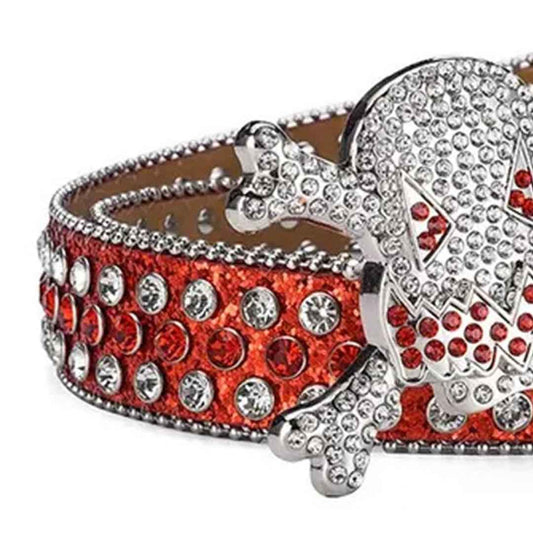 Gengar Silver Buckle Metal Red Strap with Crystal & Rhinestone Studded Belt