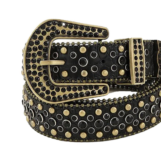 Black Rhinestone and Gold Studs Belt With Black Textured Strap