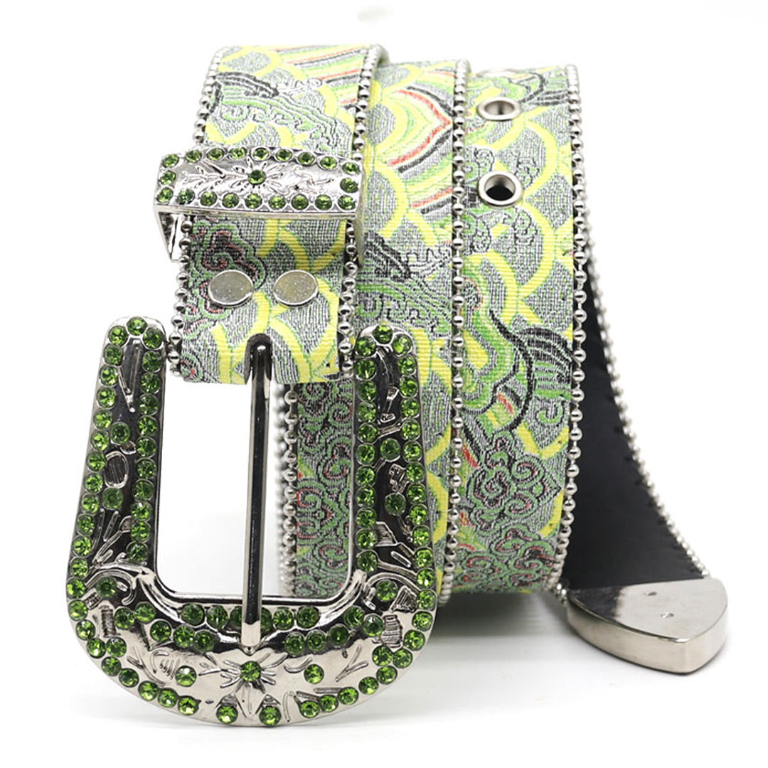 Engraved Buckle Art Style Green Studded Rhinestone Belt