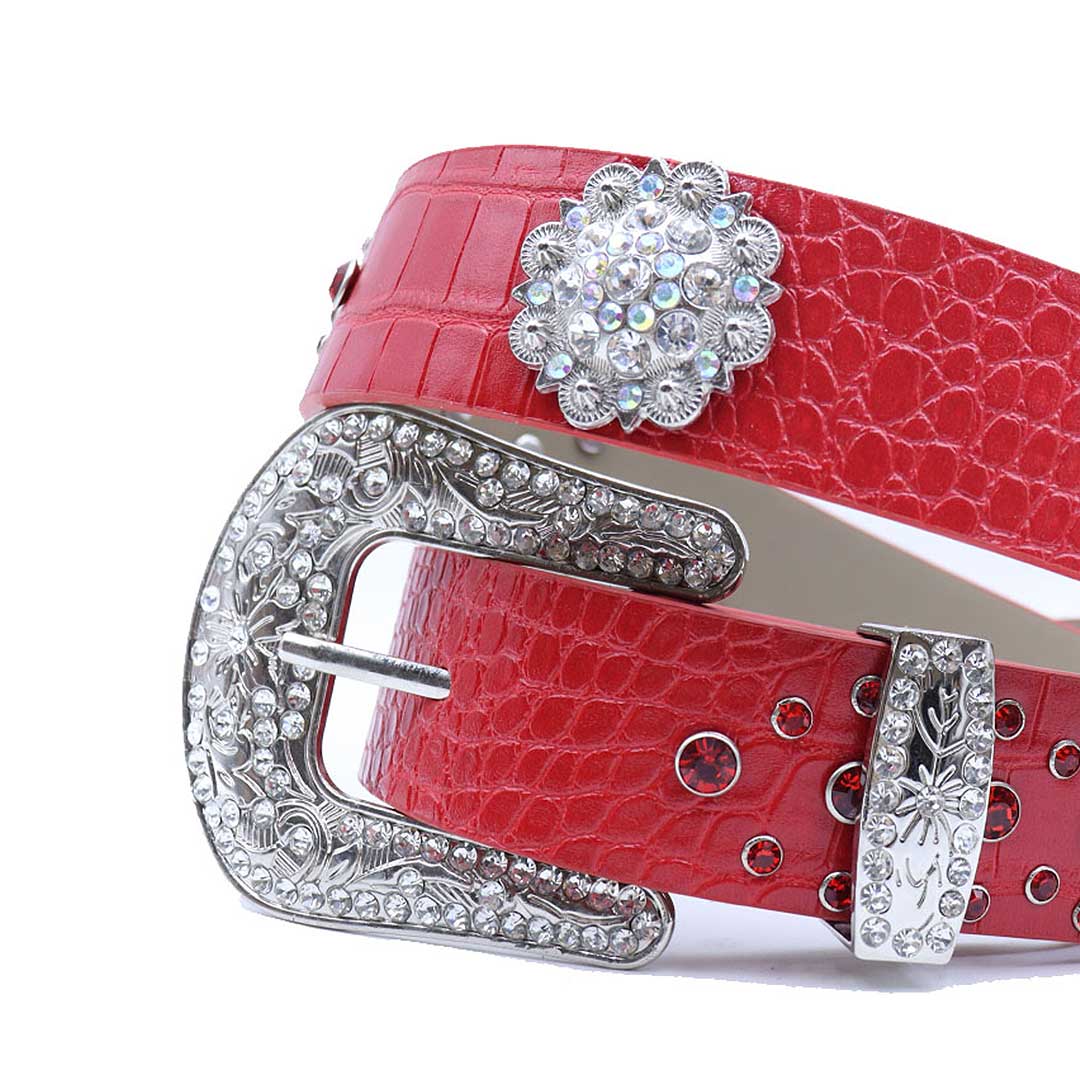 Red rhinestone belt with engraved flower buckle and studded strap