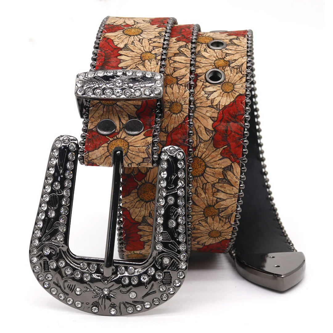 Engraved Buckle Flower Art White Studded Rhinestone Belt