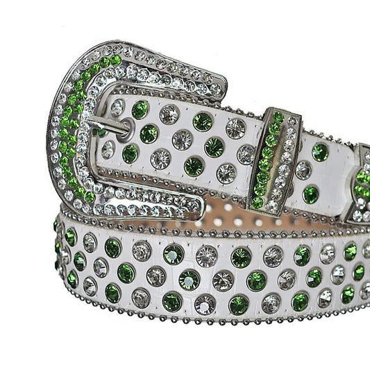 Green and Diamond Rhinestone Belt With White Textured Strap
