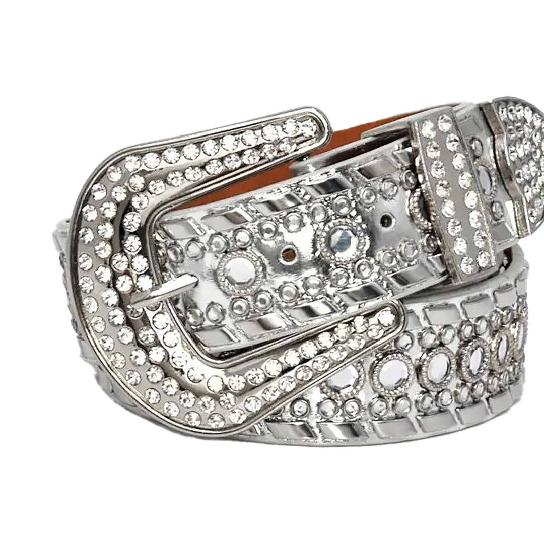 Diamond Rhinestone and Silver Studs Belt With Grey Strap
