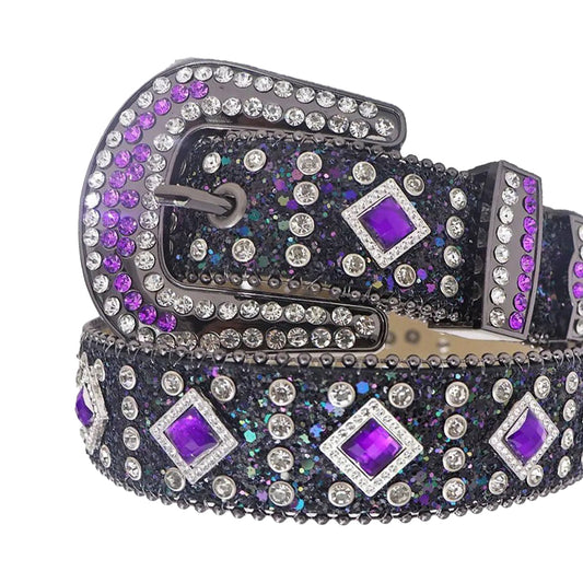 Purple Sapphire Rhinestone Belt With Black Glitter Strap