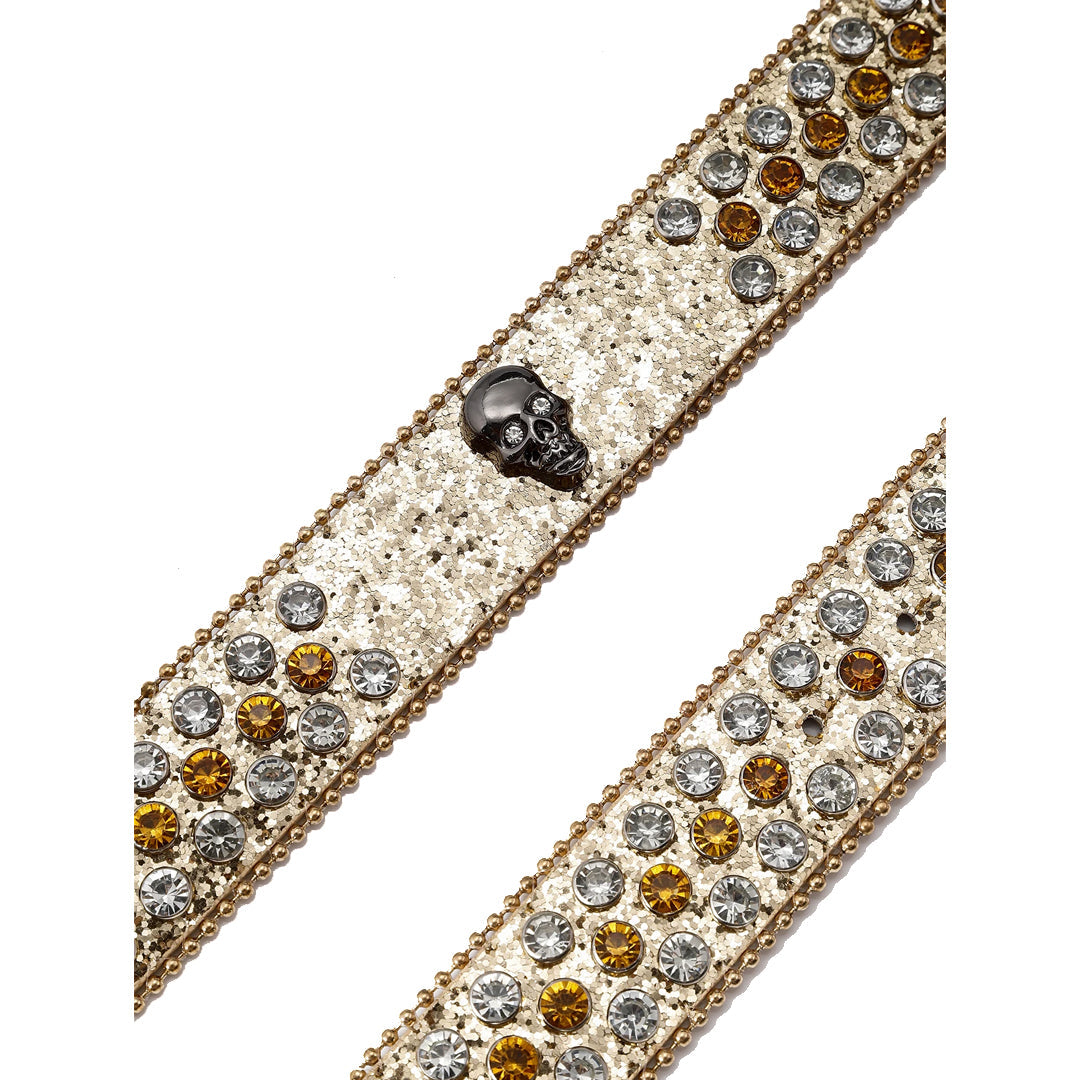 Skull Buckle Shiny Gold Strap With Gold & Crystal Studded Rhinestone Belt