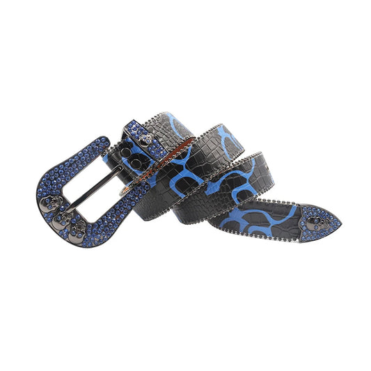 Skull Buckle Black Strap With Blue Studded Rhinestone Belt