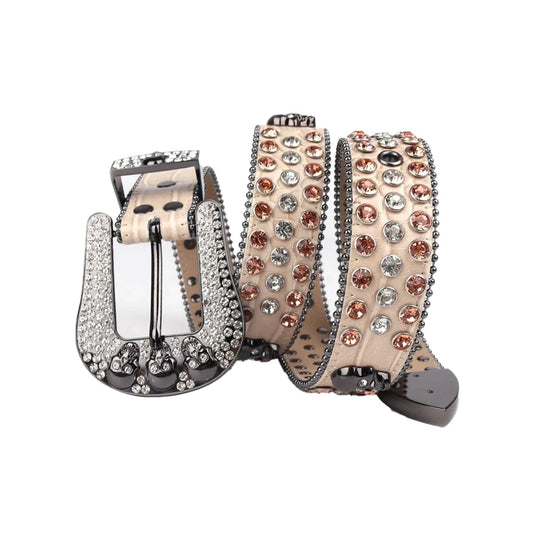 Skull Buckle Beige Strap With Brown & Crystal Studded Rhinestone Belt