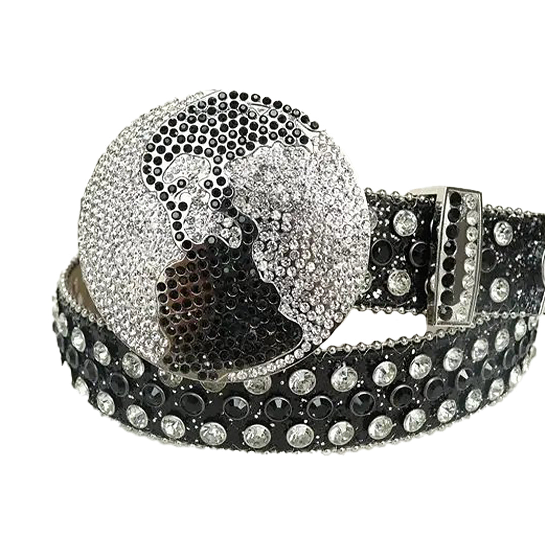Black And Diamond Rhinestone Belt With Black Glitter Strap Globe Buckle