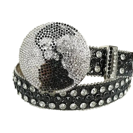 Black And Diamond Rhinestone Belt With Black Glitter Strap Globe Buckle