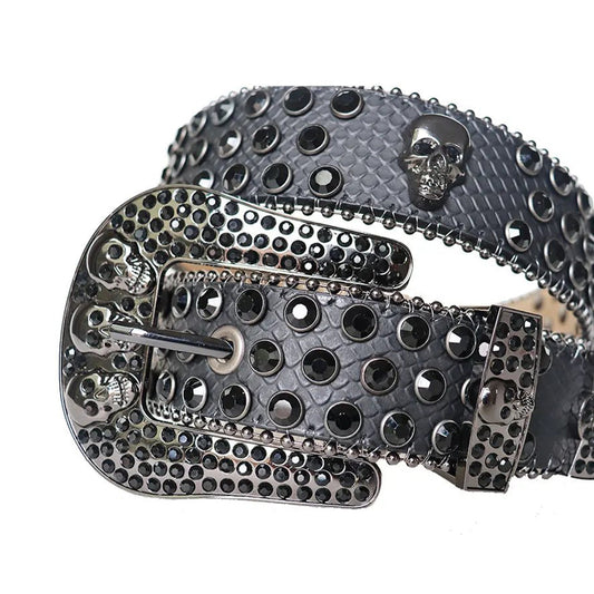 Black Rhinestone Belt With Charcoal Snake Texture Strap and Skull Buckles
