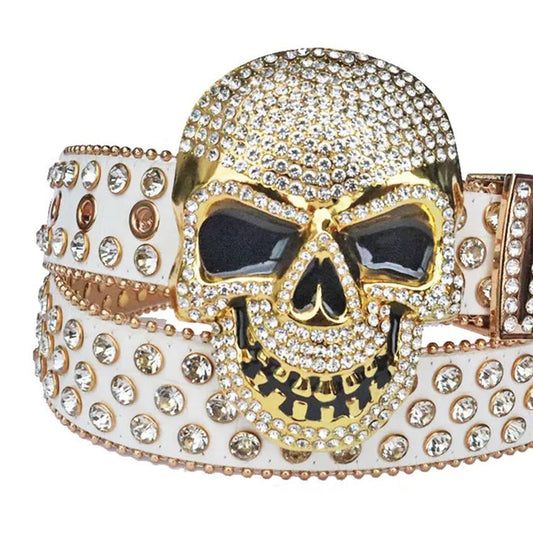 Diamond Rhinestone Belt With White Strap and Skull Buckles