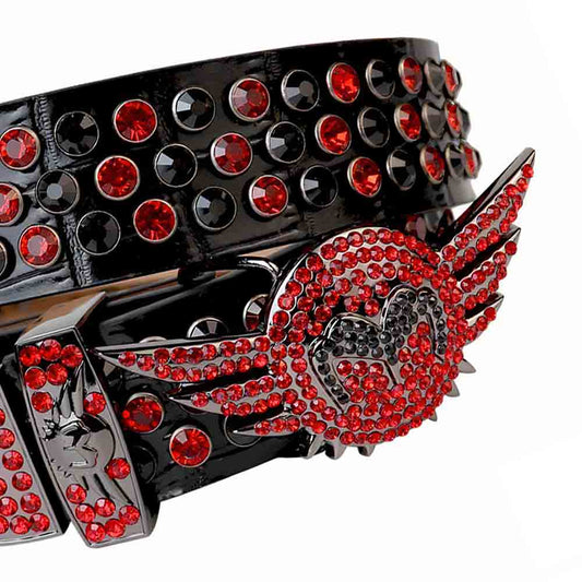 Black & Red Angel Wings Buckle Rhinestone Belt with Black Strap