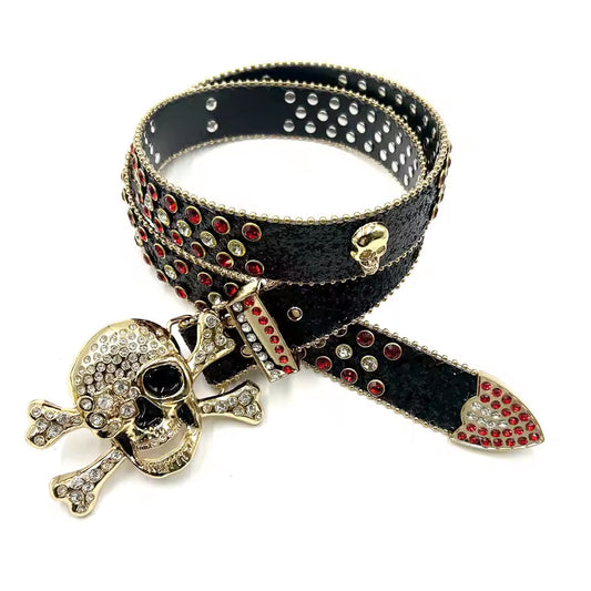 Skull buckle black strap red crystal studded rhinestone belt – Rhinestone Belt Shop