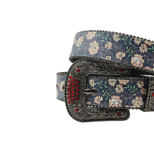 Black buckle flower strap red studded rhinestone belt – Rhinestone Belt Shop
