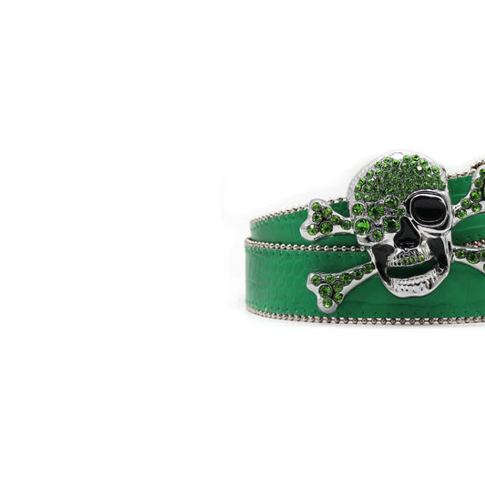 Skull Buckle Luxe Green Glittering Details Western Rhinetone Belt