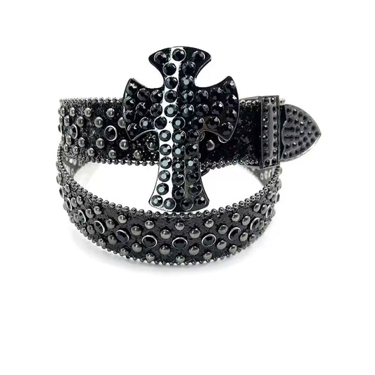 Cross buckle black strap black crystal studded rhinestone belt – Rhinestone Belt Shop