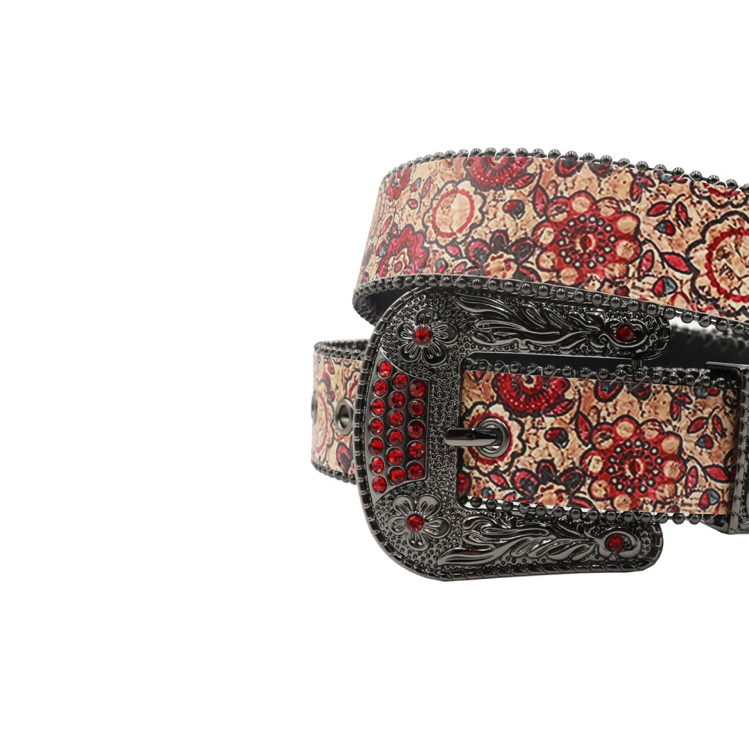 Wide Buckle Flower Design Strap With Red Studded Rhinestone Belt