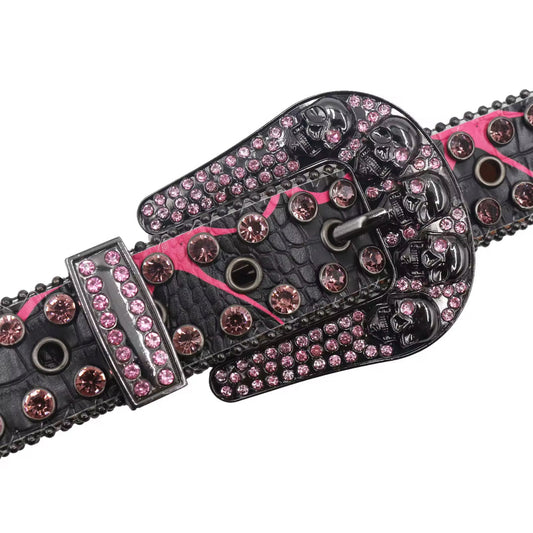 Skull buckle black strap pink crystal studded rhinestone belt – Rhinestone Belt Shop
