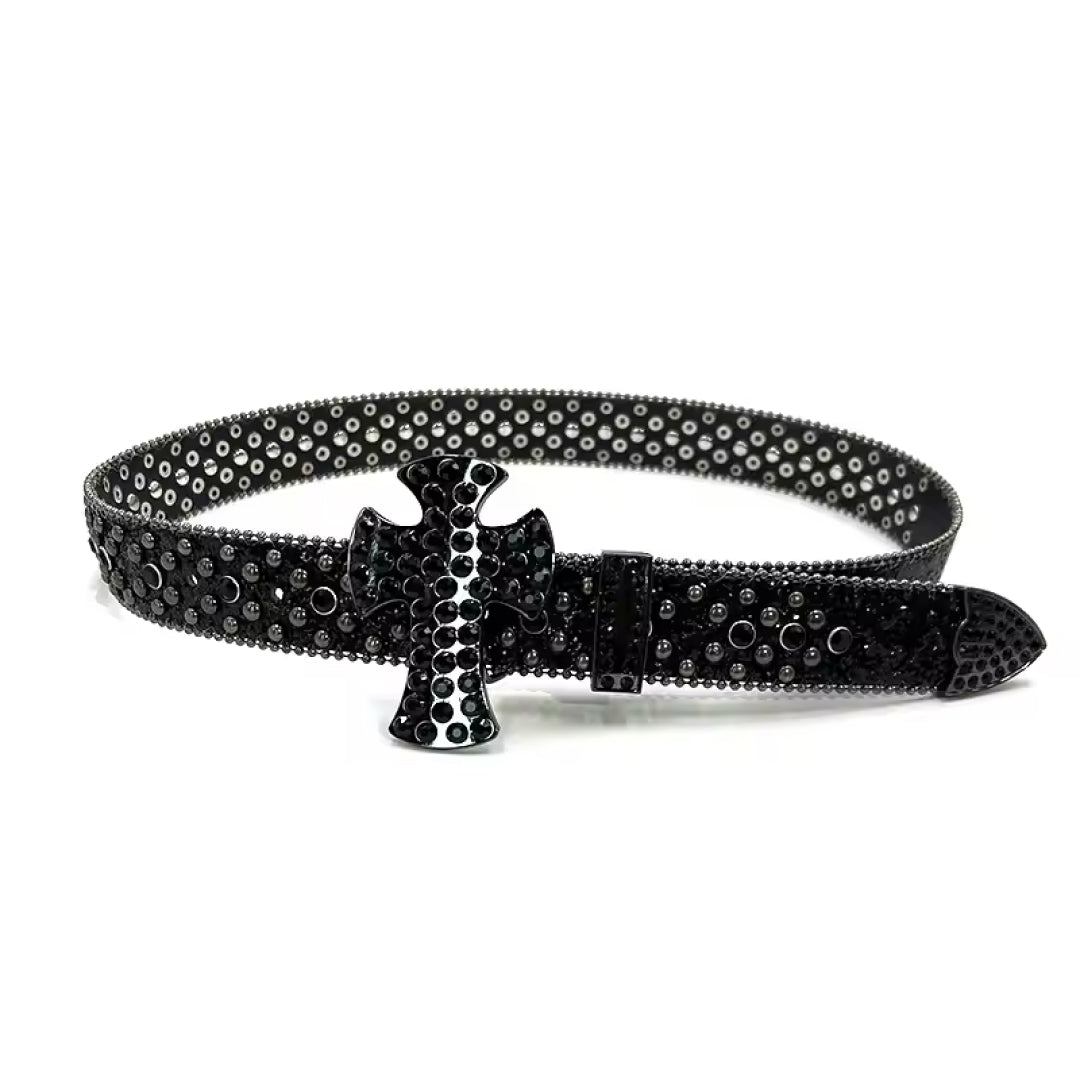 Cross buckle black strap black crystal studded rhinestone belt – Rhinestone Belt Shop