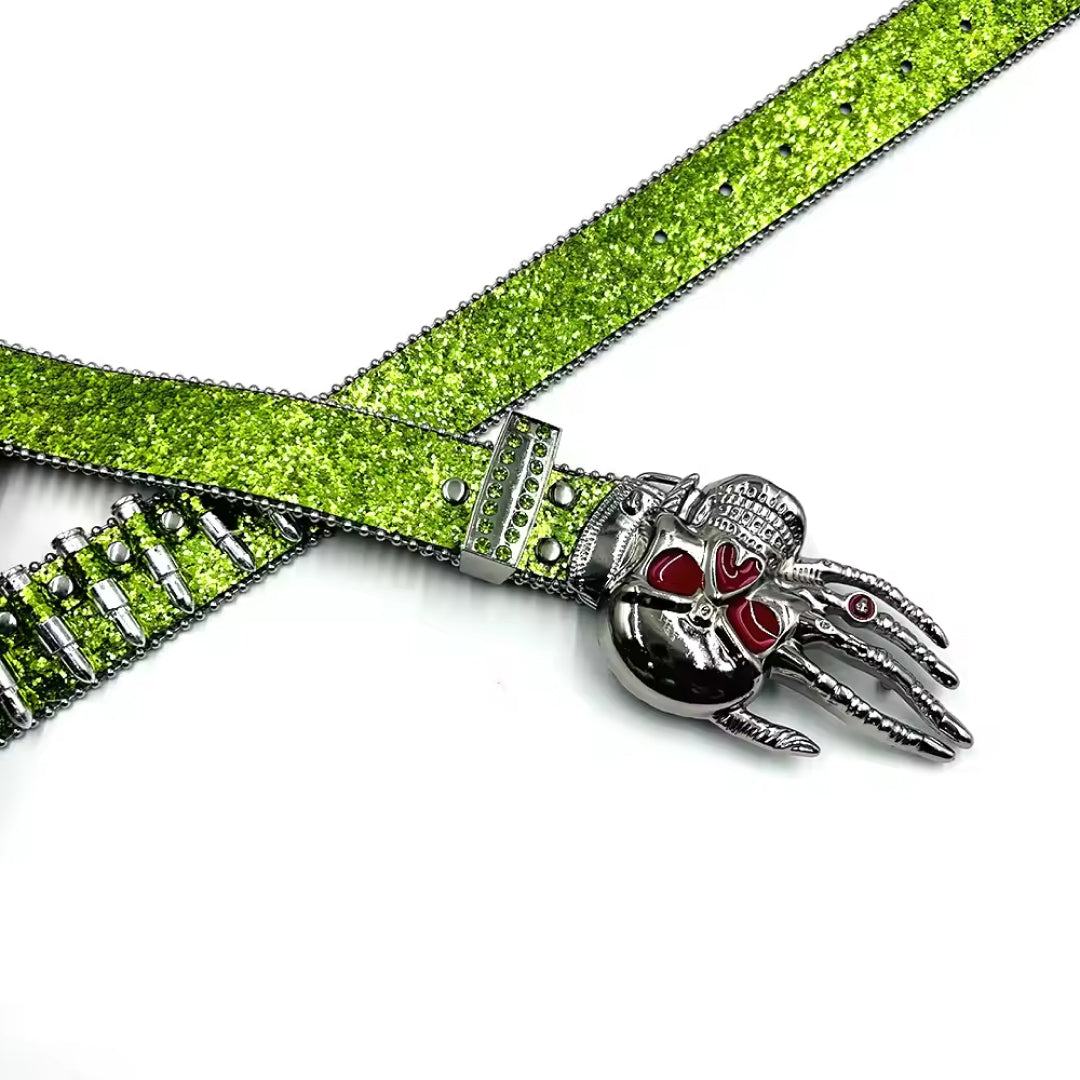 Skull buckle glitter green strap bullet studded rhinestone belt – Rhinestone Belt Shop