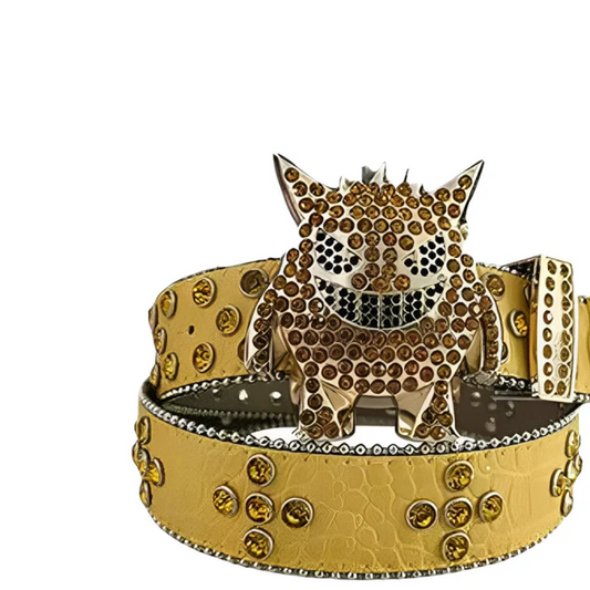 Monster buckle yellow strap crystal studded rhinestone belt – Rhinestone Belt Shop