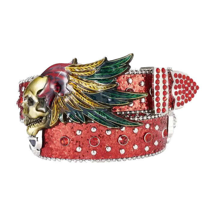 Feather buckle red strap crystal studded rhinestone belt – Rhinestone Belt Shop