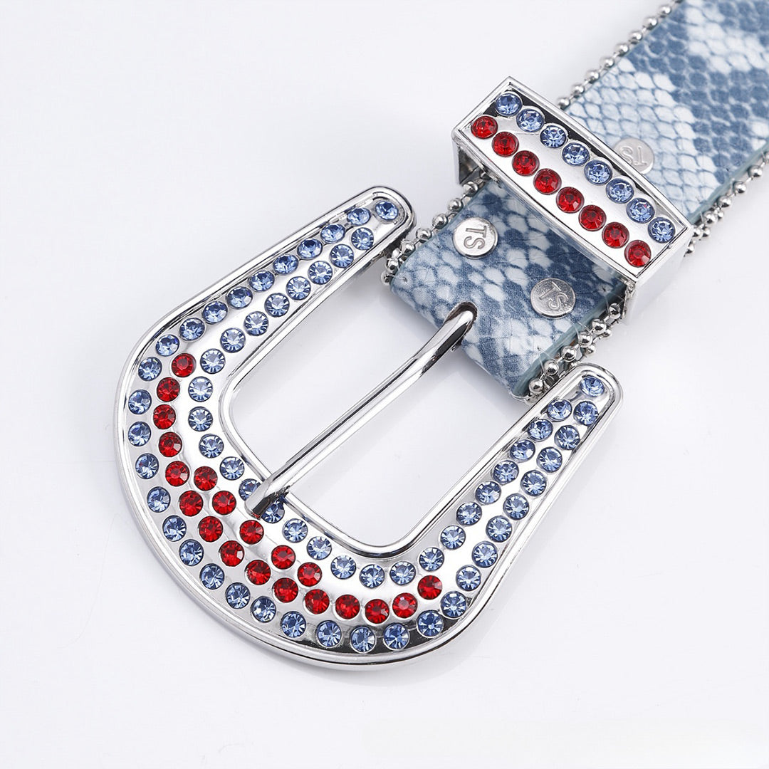 Engraved Buckle Ruby Strap Blue & Red Studded Rhinestone Belt