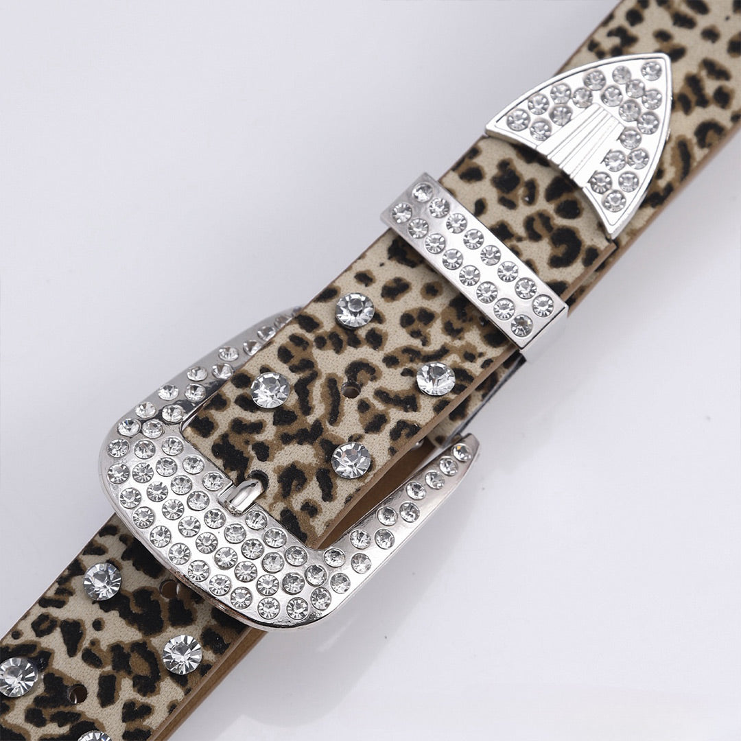 Engraved Buckle Leopard Strap White Studded Rhinestone Belt